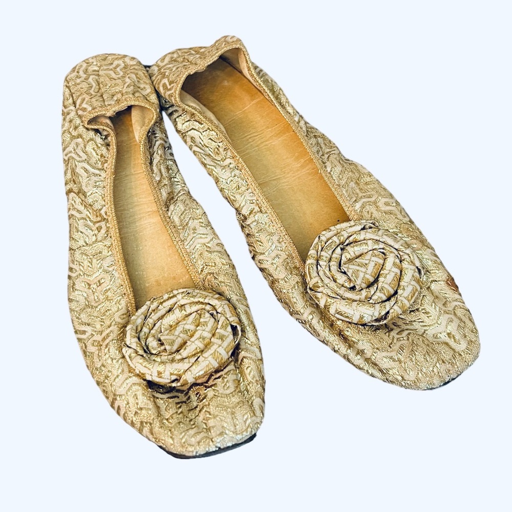 60s Bertlyn Gold Lurex Ballet Flats Square Toe Rosette Accent Mid Century 8.5